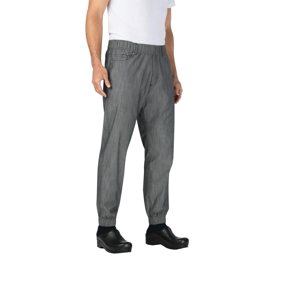 Pantalon de cuisine Works Urban Jogger 257 à fines rayures noires et blanches - NISBETS