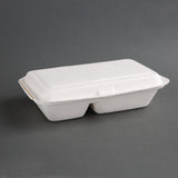 Boîtes 2 compartiments avec couvercle à charnière compostables en bagasse coloris naturel Fiesta Compostable 253mm (lot de 200)
