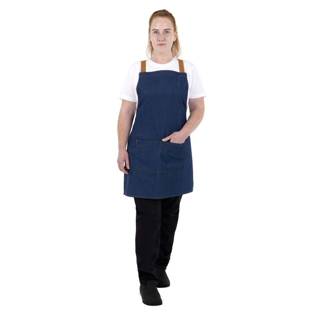 Tablier court croisé dans le dos Southside en denim bleu avec liens en cuir