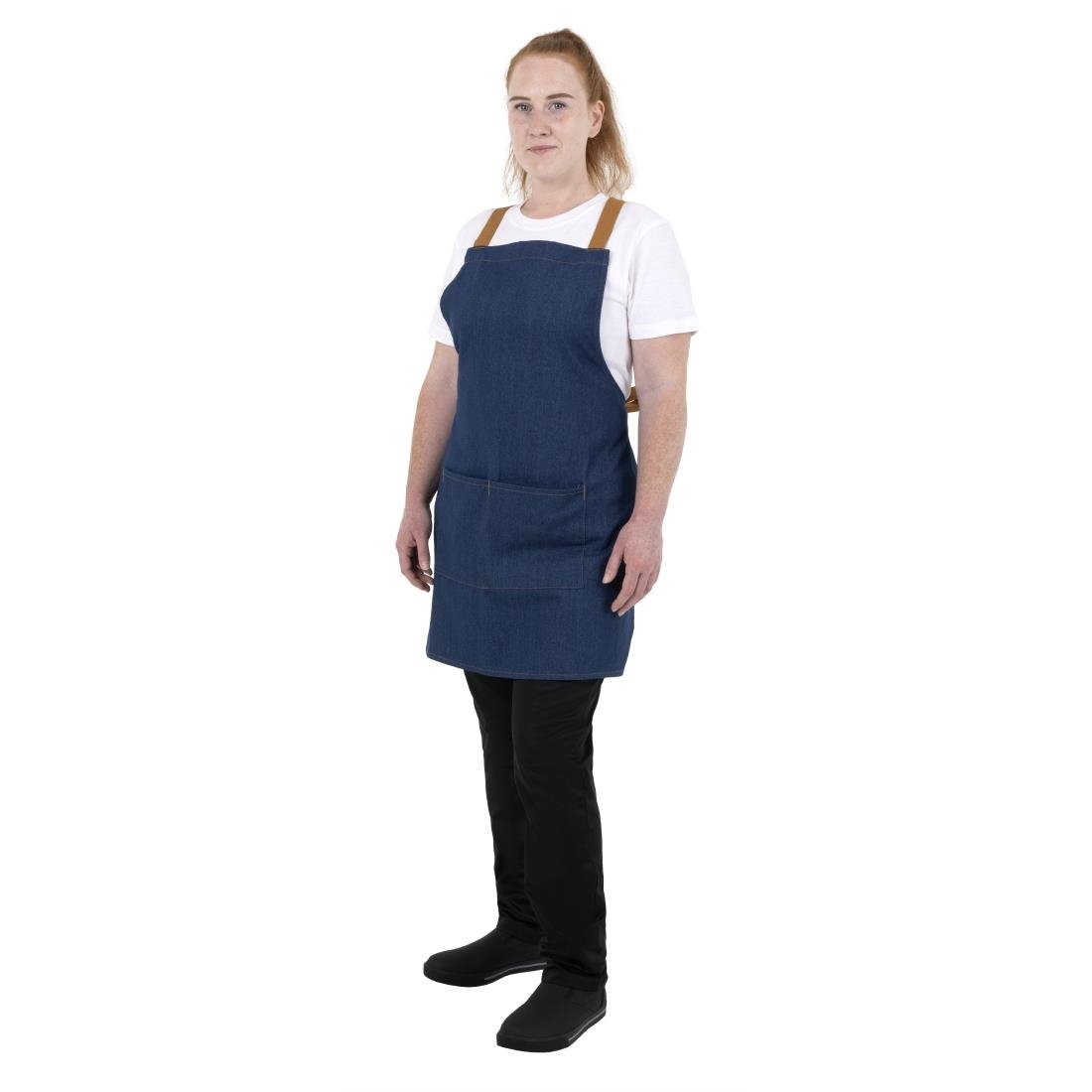 Tablier court croisé dans le dos Southside en denim bleu avec liens en cuir