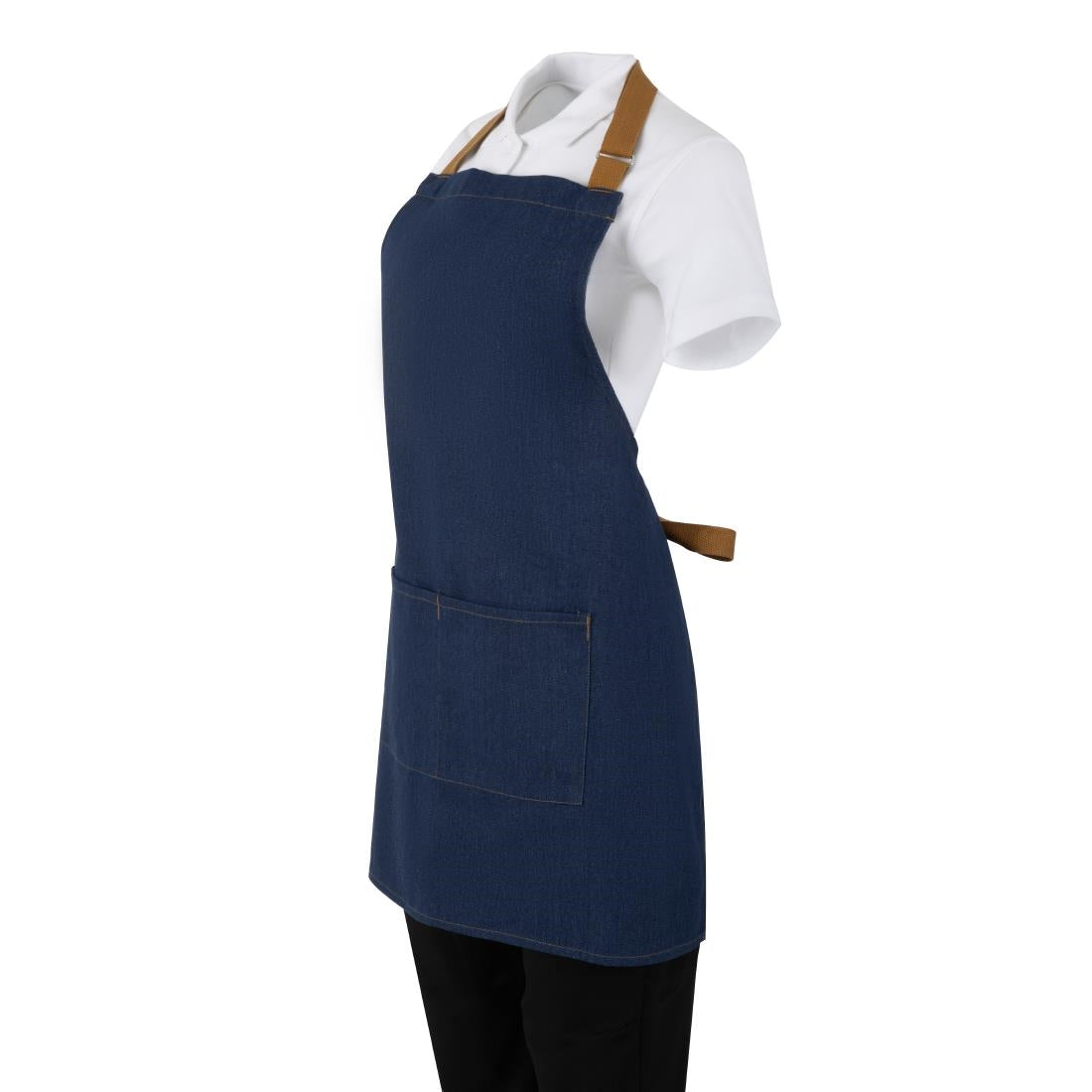 Tablier court Southside en denim bleu avec attaches marron clair