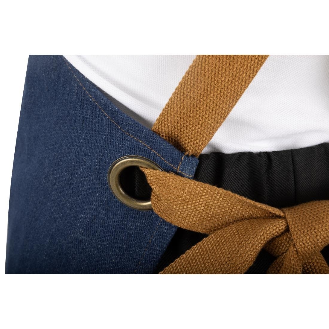 Tablier court croisé dans le dos Southside en denim bleu avec liens en cuir