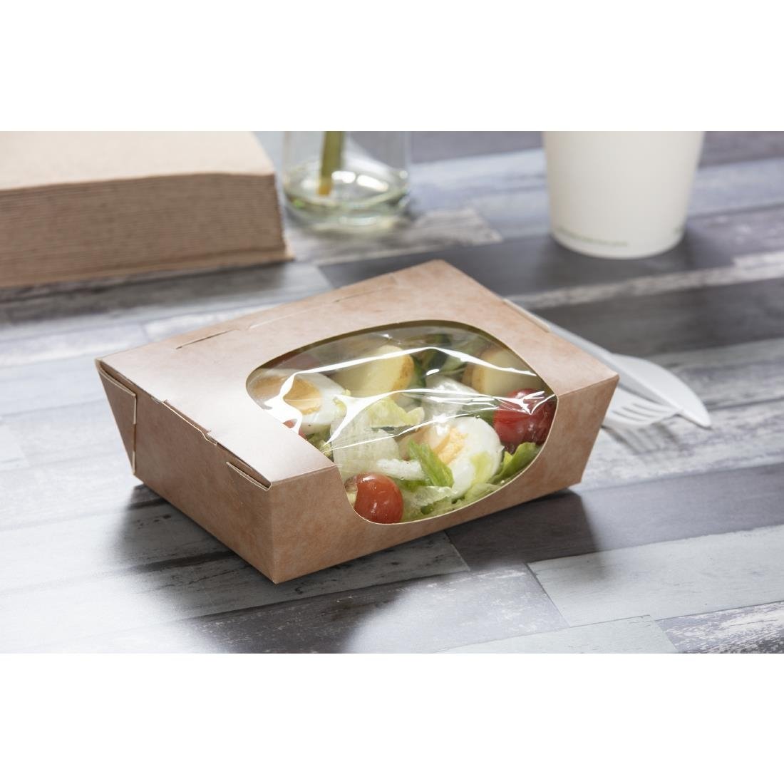 Barquettes à salade kraft recyclables avec fenêtre acétate 825ml (lot de 200) - NISBETS