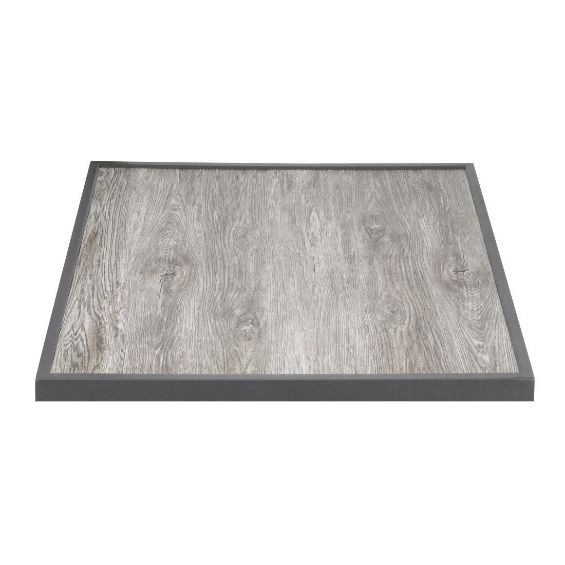 Plateau de table extérieur carré en verre trempé Bolero effet grain de bois bord gris 700 mm