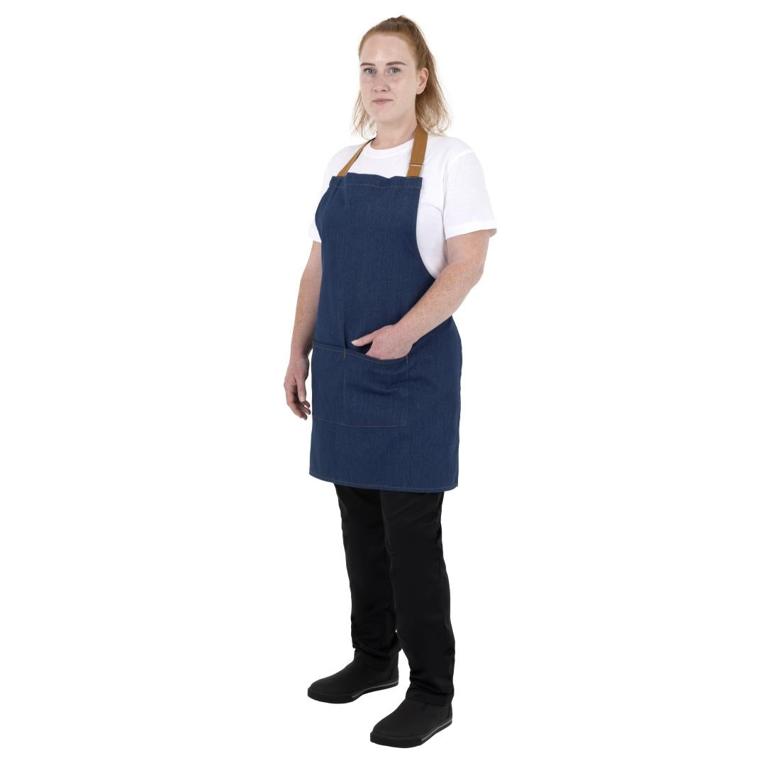 Tablier court Southside en denim bleu avec attaches marron clair