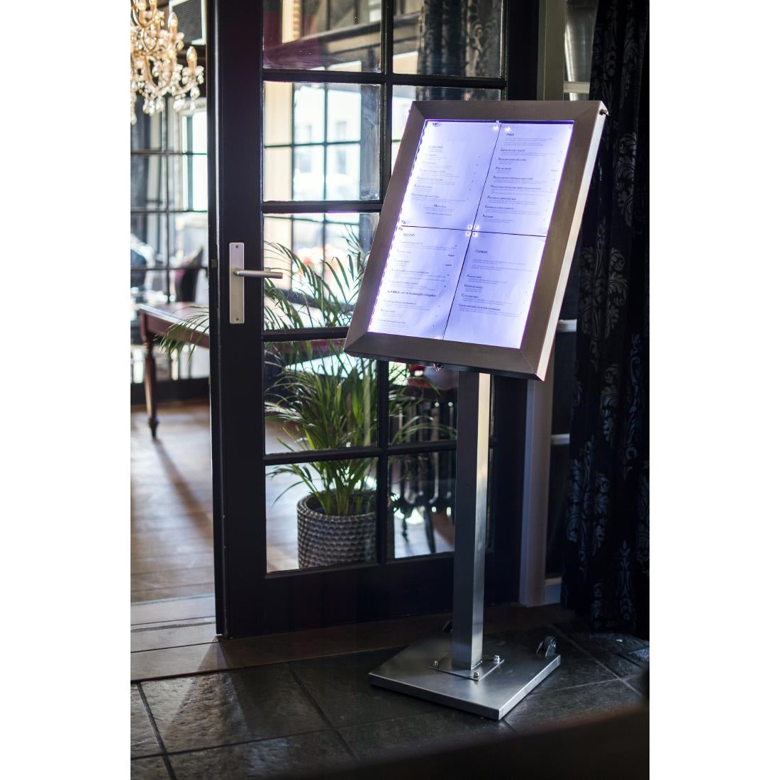 Porte-menu à LED couleurs en inox Securit 4xA4 avec poteau et socle