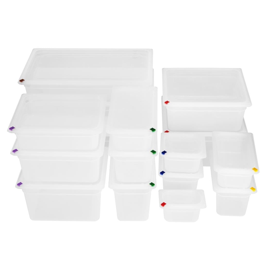 Bacs PP Hygiplas Click GN 1/1 avec couvercles et 7 clips de couleur 200mm 25,6L (lot de 2) - NISBETS