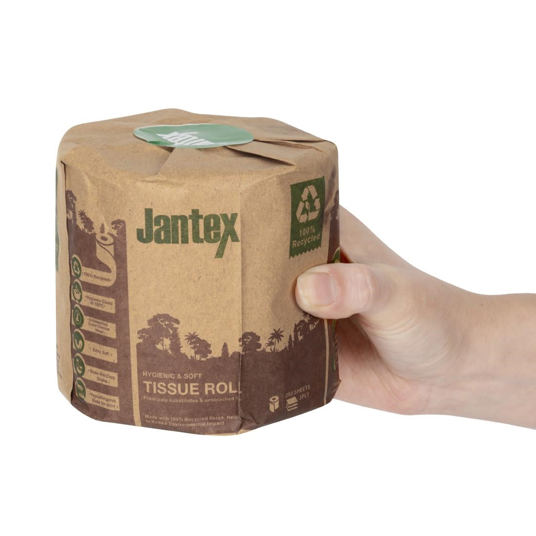 Rouleaux de papier toilette emballés Jantex Green 100 % recyclé 3 plis 260 feuilles (lot de 36)