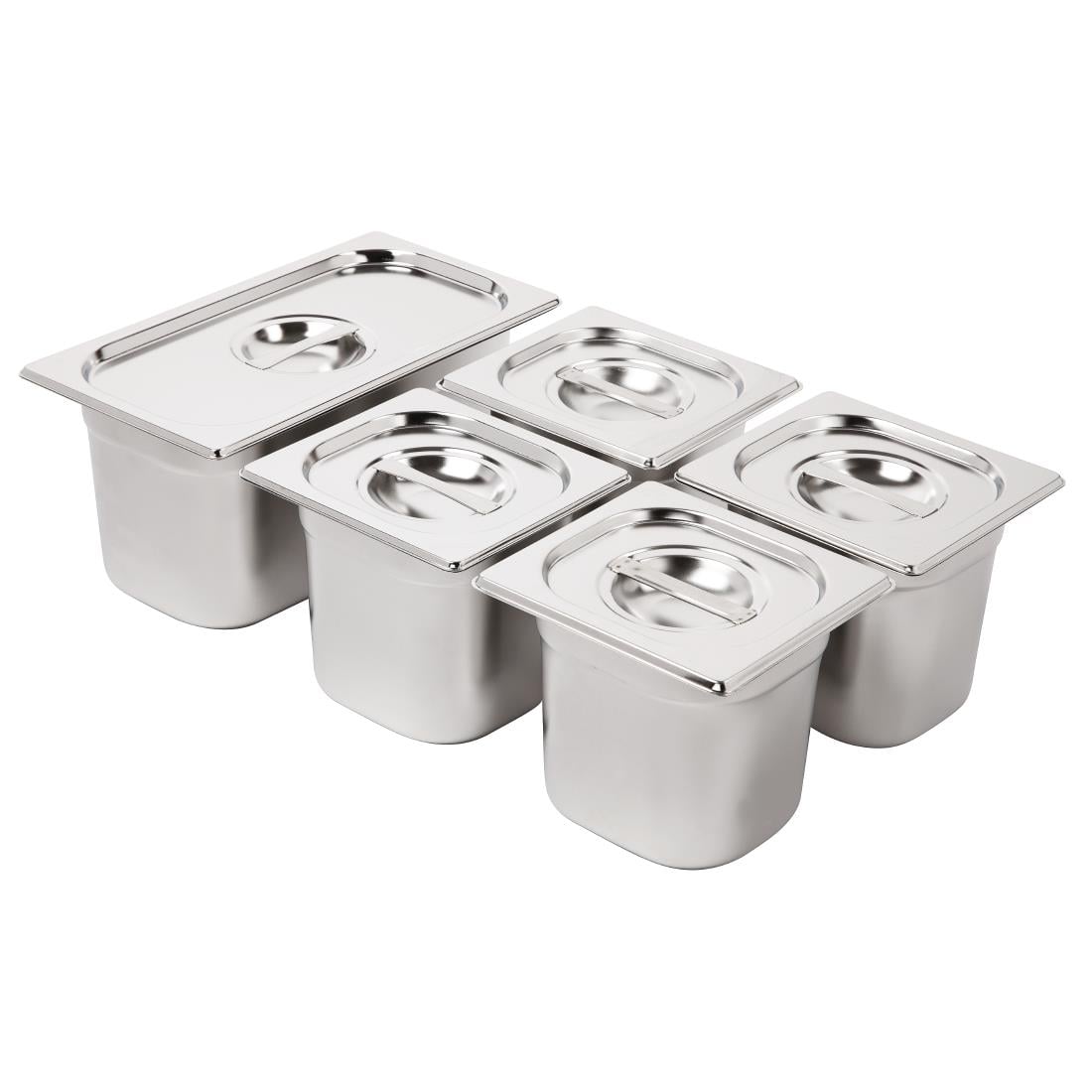 Ensemble de bacs GN 1/3 et 4 x 1/6 en inox avec couvercles Vogue - NISBETS