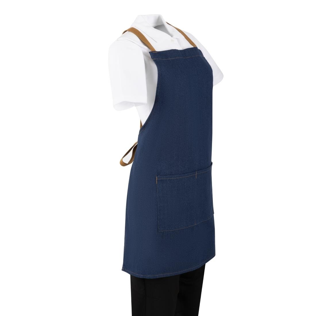 Tablier court croisé dans le dos Southside en denim bleu avec liens en cuir
