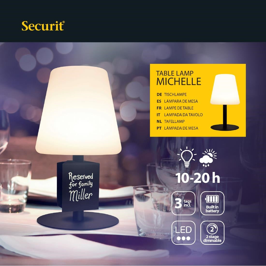 Lampe de table noire LED sans fil Securit Michelle avec 3 étiquettes ardoises amovibles