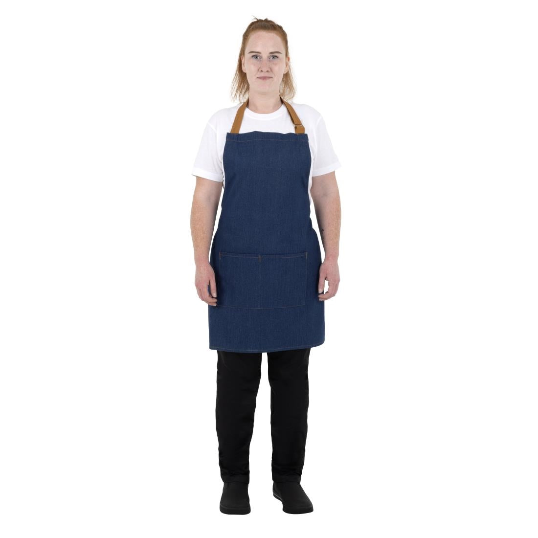 Tablier court Southside en denim bleu avec attaches marron clair
