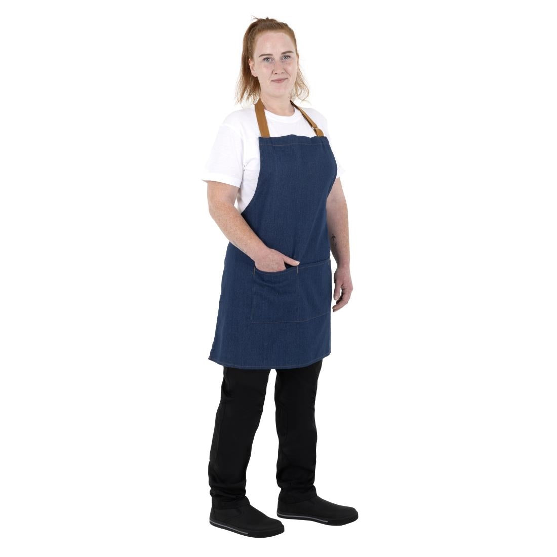 Tablier court Southside en denim bleu avec attaches marron clair