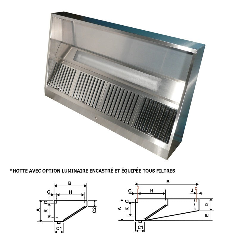 Furnotel - Hotte statique - Sans avancée - Longueur 3000 mm  - Hauteur 400 mm - C3930
