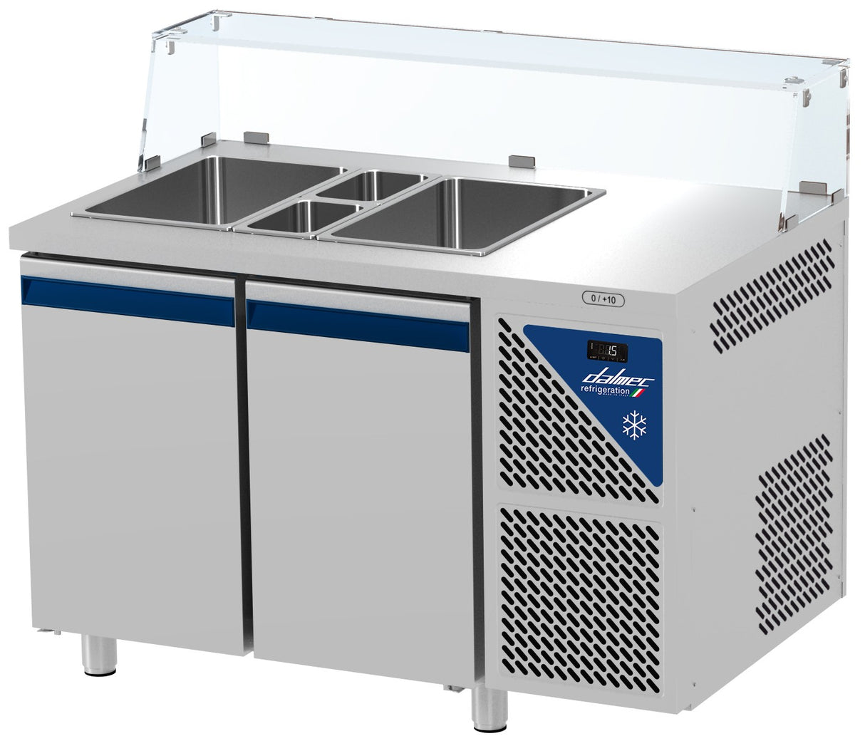 Saladette positive - 2 GN 1/1 + 2 GN 1/4 - 300 L - 2 portes pleines - Prof. 700 - Avec vitrine basse - SAL702VB-3 - Dalmec