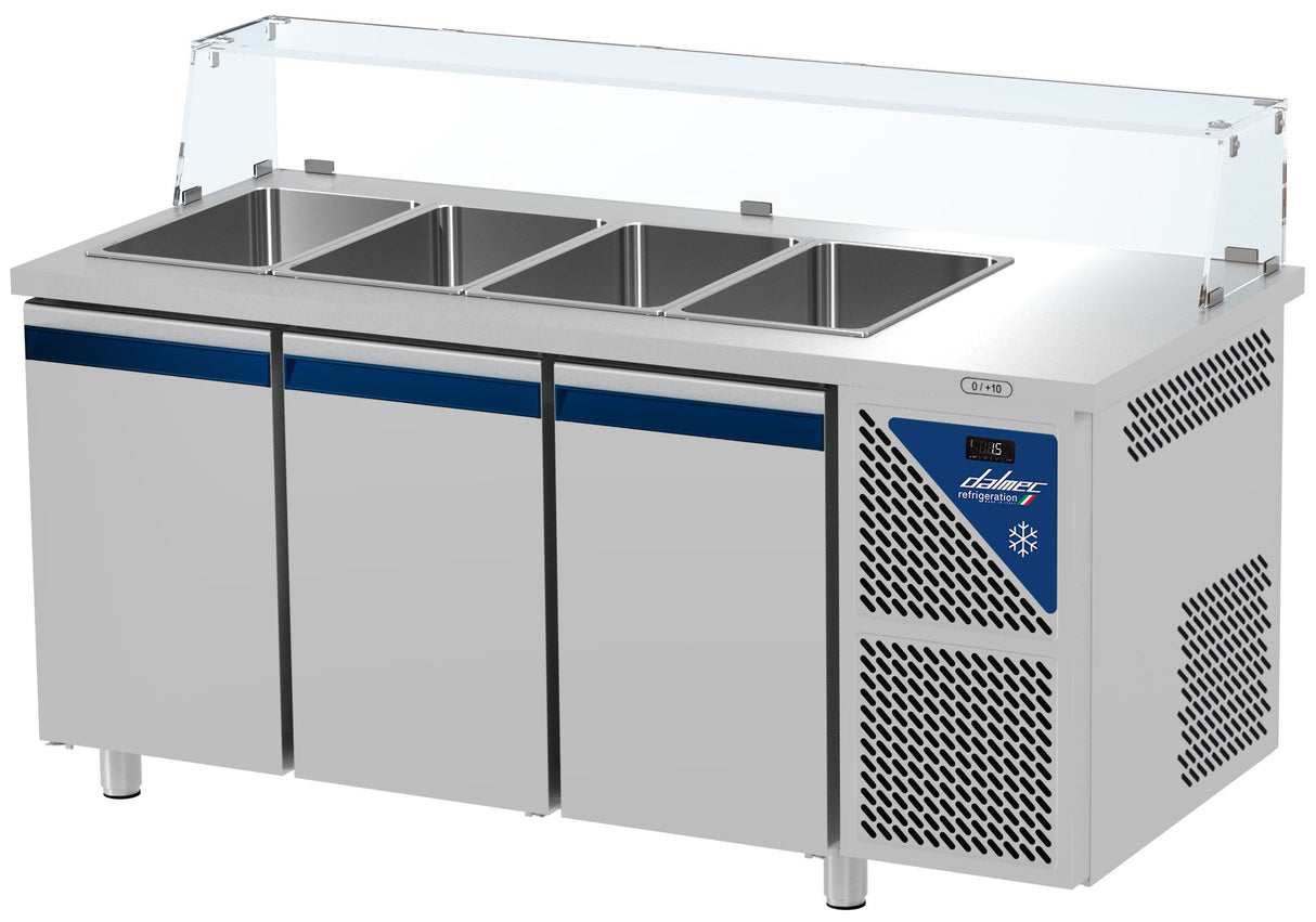 Saladette positive +4/+10°C - 4 GN 1/1 - 460 L - 3 portes pleines - Prof. 700 - Avec vitrine basse - SAL703VB-3 - Dalmec