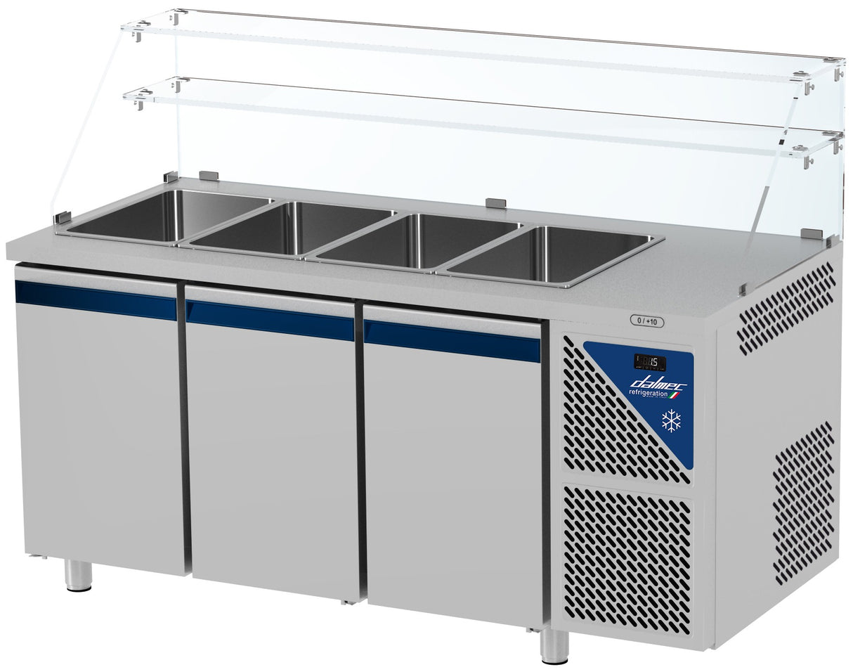Saladette positive +4/+10°C - 4 GN 1/1 - 460 L - 3 portes pleines - Prof. 700 - Avec vitrine haute - SAL703VH-3 - Dalmec