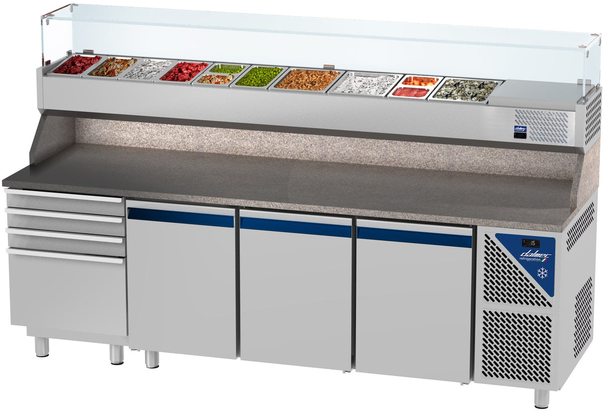 Table à pizza positive 0/+10°C - 606 L - 3 portes pleines - Prof. 800 - 600 x 400 - 4 tiroirs - PZ80313-3 - Dalmec