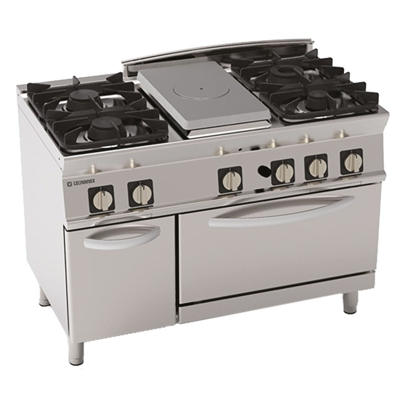 Tecnoinox - Fourneau dessus gaz sur four gaz statique GN2/1 - 4 feux + 1/2 plaque CdF + placard - Gamme 700 - Modules 400