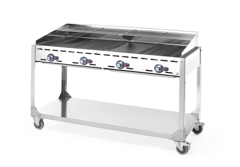 Barbecue Green Fire avec 4 brûleurs, HENDI, Profi Line, sur support avec roulettes, Gris, 22kW, 1400x612x(H)825mm