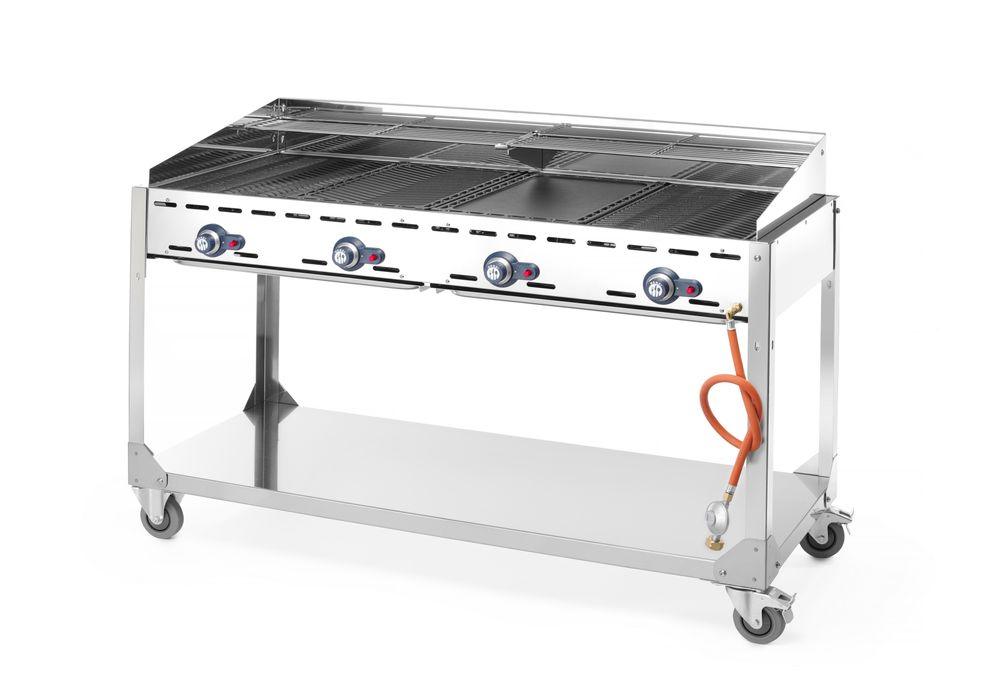 Barbecue Green Fire avec 4 brûleurs, HENDI, Profi Line, sur support avec roulettes, Gris, 22kW, 1400x612x(H)825mm
