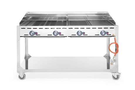 Barbecue Green Fire avec 4 brûleurs, HENDI, Profi Line, sur support avec roulettes, Gris, 22kW, 1400x612x(H)825mm