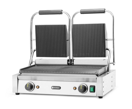 Grill de contact - modèle double, HENDI, dessus et dessous rainurés, 230V/3600W, 570x370x(H)210mm