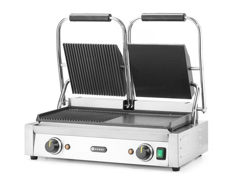 Grill de contact - modèle double, HENDI, moitié lisse, moitié rainuré, 230V/3600W, 570x370x(H)210mm