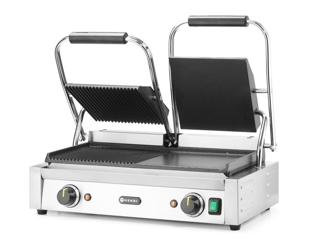 Grill de contact - modèle double, HENDI, moitié lisse, moitié rainuré, 230V/3600W, 570x370x(H)210mm