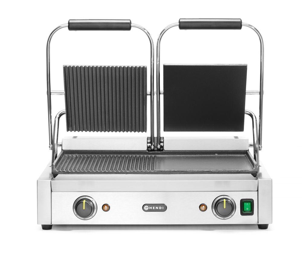 Grill de contact - modèle double, HENDI, moitié lisse, moitié rainuré, 230V/3600W, 570x370x(H)210mm
