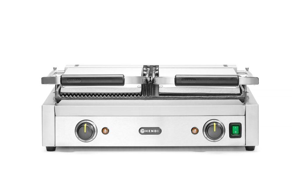 Grill de contact - modèle double, HENDI, moitié lisse, moitié rainuré, 230V/3600W, 570x370x(H)210mm