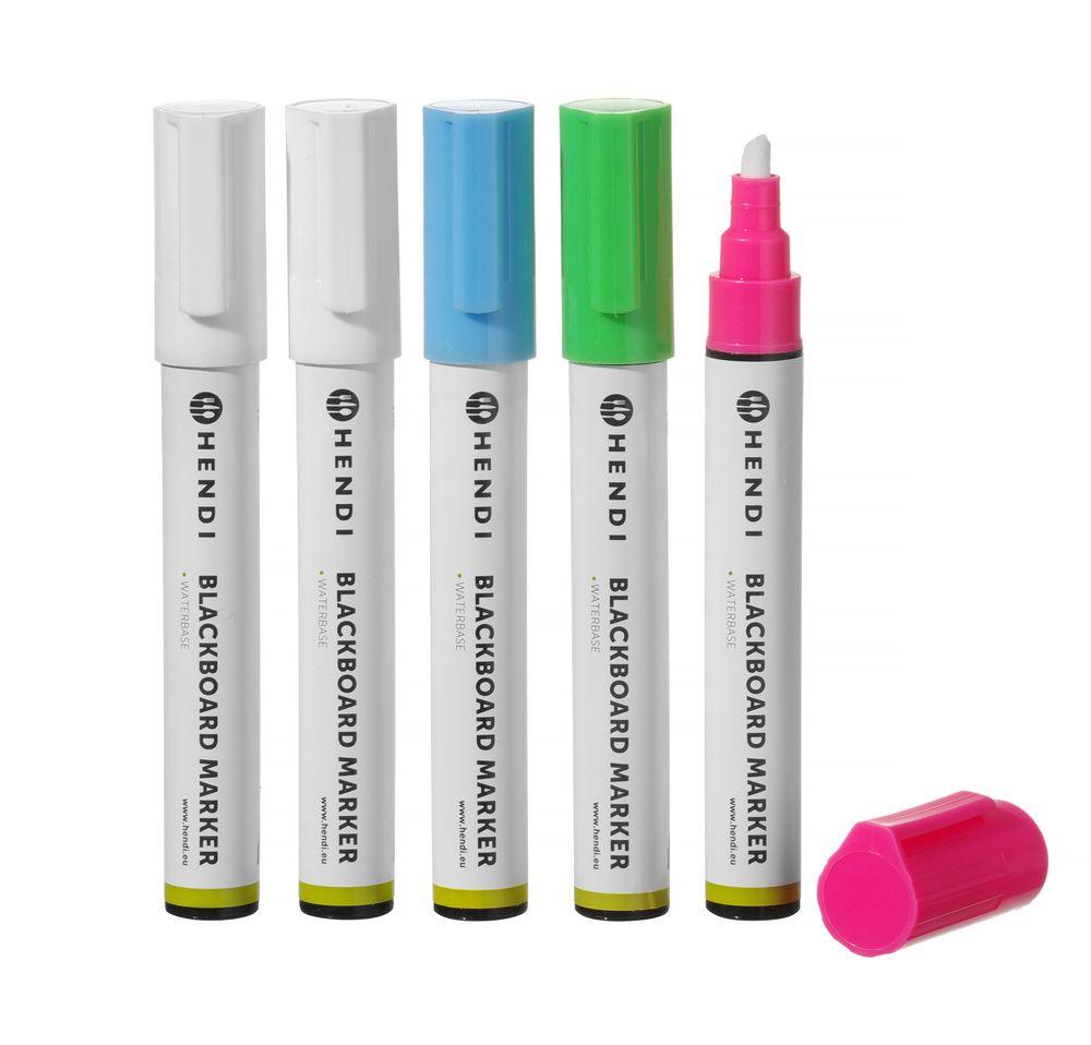 Feutres à craie 6 mm, HENDI, 1 rose, 1 vert, 1 bleu et 2 feutres blancs