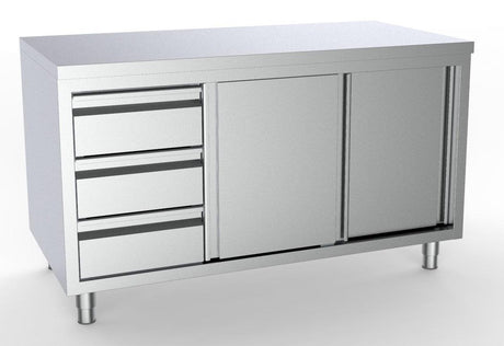 Plan de Travail en Acier Inoxydable 430 CombiSteel1/1 GN avec Portes Coulissantes et Tiroirs à Gauche - FRANCE CHR