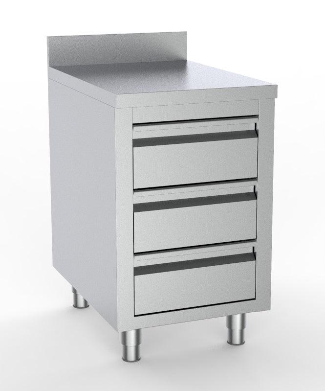 Table de Travail en Acier Inoxydable 430 avec 3 Tiroirs et Bord Relevé de 500. - FRANCE CHR