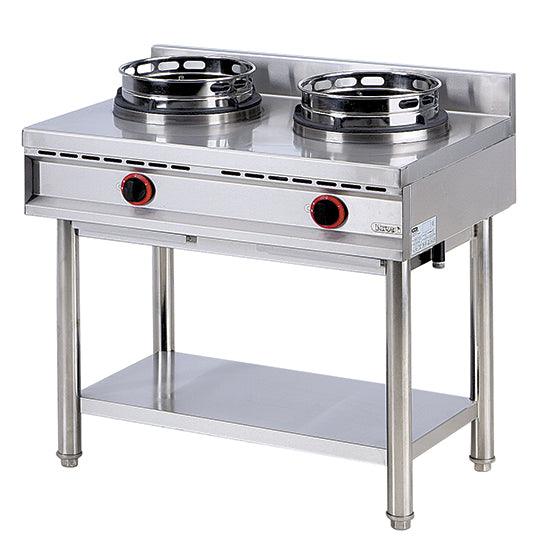 plan de cuisson wok à gaz avec étagère, 2 brûleurs