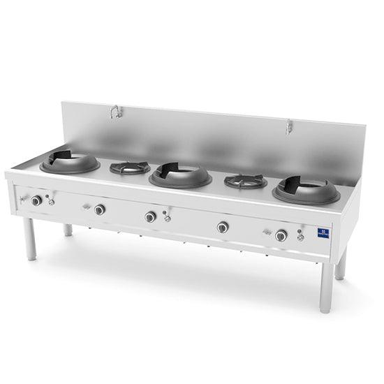 Plan de cuisson wok à gaz avec 3 brûleurs 27,5 kW + 2 brûleurs soupe 9,2 kW, 2 robinets pour l'eau
