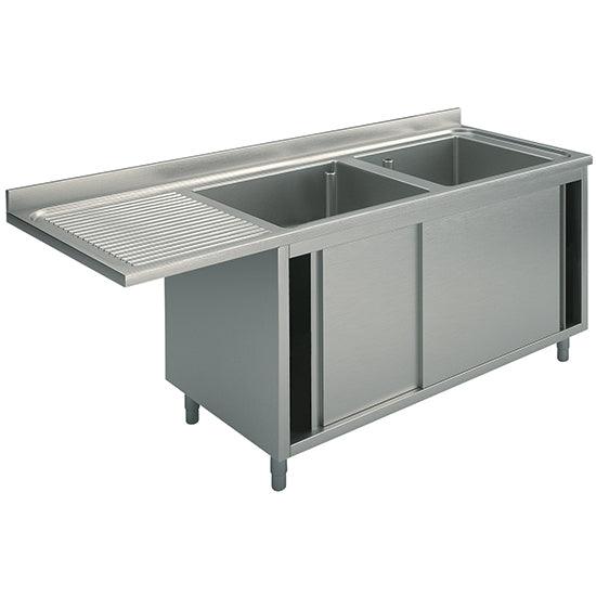 plonge sur armoire avec portes coulissantes, place pour lave-vaisselle, 2 bacs à droite, 2000x700 mm