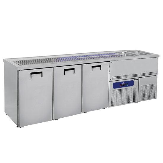 Le comptoir à bière avec 2 bacs à droite et 3 portes pour les fûts de bière 50 litres