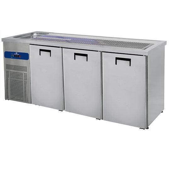 Le comptoir à bière avec 1 bac à gauche et 3 portes pour les fûts de bière 50 litres