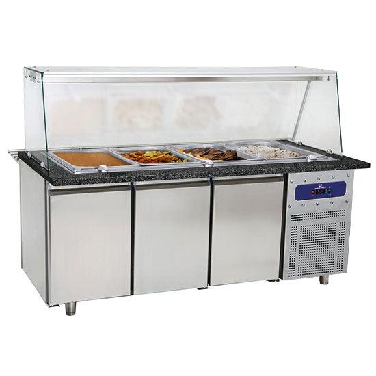 table de préparation chauffée avec 3 portes et structure en verre, 5x GN 1/1 h=100 mm