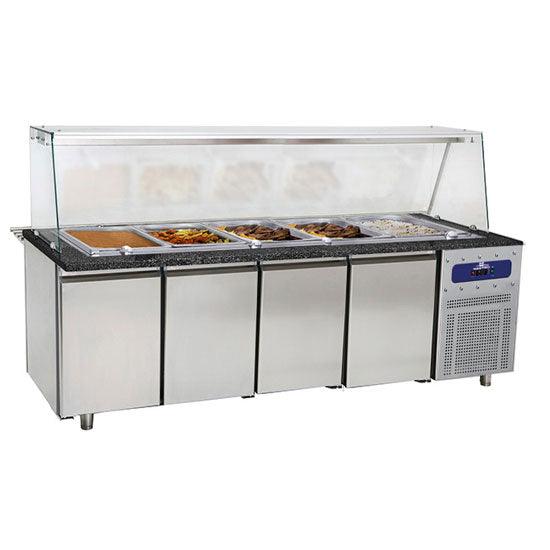 Table de préparation chauffée avec 4 portes et structure en verre, 6x GN 1/1 h=100 mm