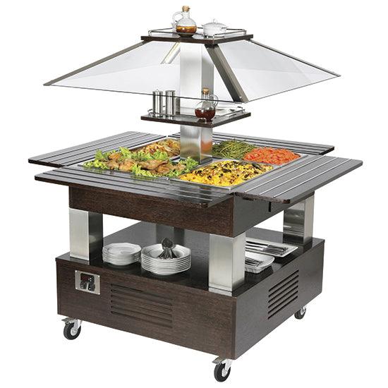 buffet bain-marie à île, 4x GN 1/1 h=150 mm, hotte pas abaissable