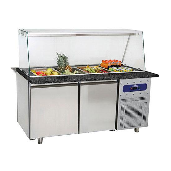 Table de préparation réfrigérée avec 2 portes et structure en verre, 4x GN 1/1 h=150 mm