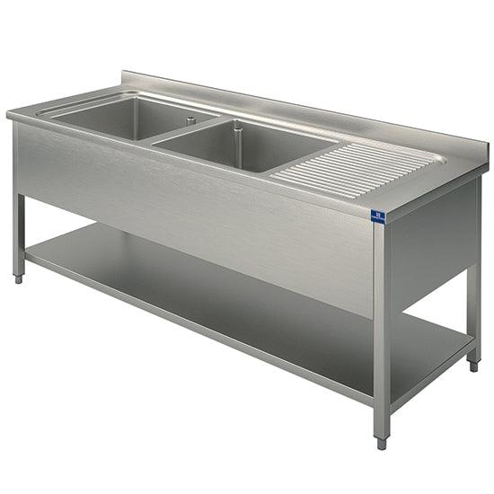 plonge, 2 bacs, égouttoir à droite, sur piètement, avec étagère inférieure, 1400x600 mm