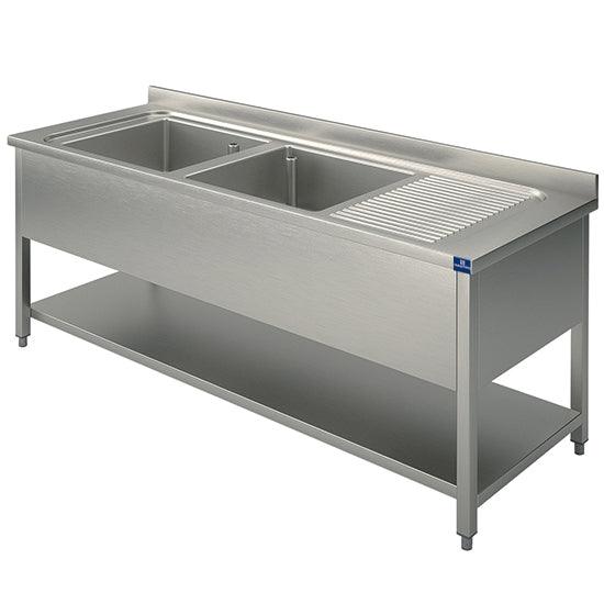plonge, 2 bacs, égouttoir à droite, sur piètement, avec étagère inférieure, 1400x700 mm