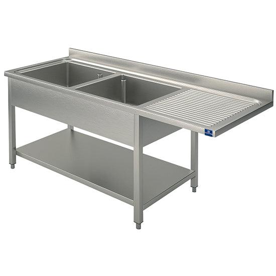 plonge sur piètement avec étagère inférieure, place pour lave-vaisselle, 2 bacs à gauche, 1800x600 m