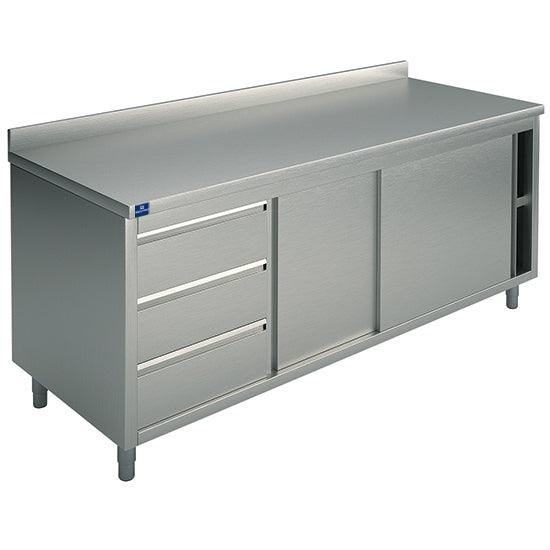 table armoire basse neutre avec tiroir à gauche, avec dosseret, 1800x700 mm