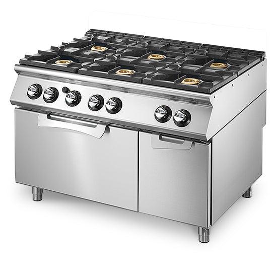 Cuisinière gaz sur four gaz statique GN 2/1 et armoire fermée, 6 brûleurs