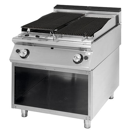 Grillade gaz en pierre lavique, zone de cuisson en fonte, viande/poisson