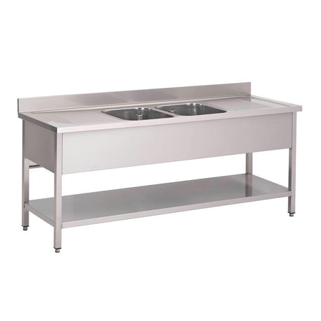 Plonge inox avec étagère basse Gastro M 2 bacs au centre 200 x 70 x 85 cm - FRANCE CHR